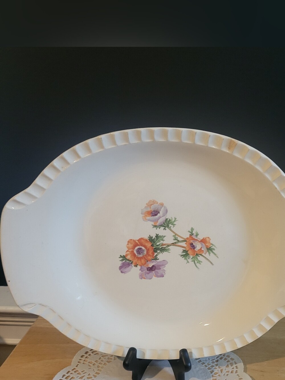 Ivory Floral Ceramic Serving Platter with Scalloped Edge Vintage 14" wide